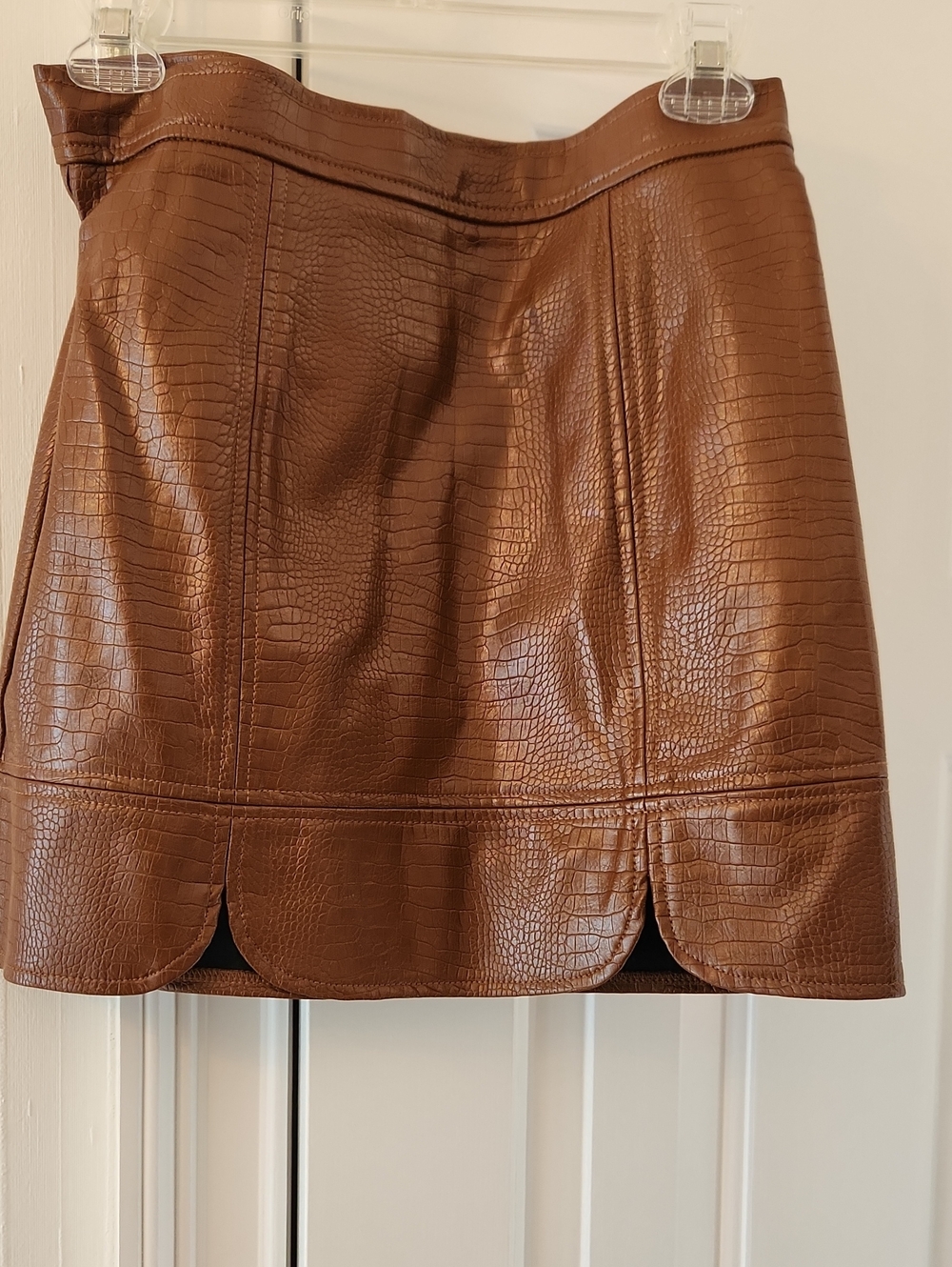 Brown Faux-Leather Croc Embossed Mini Skirt
